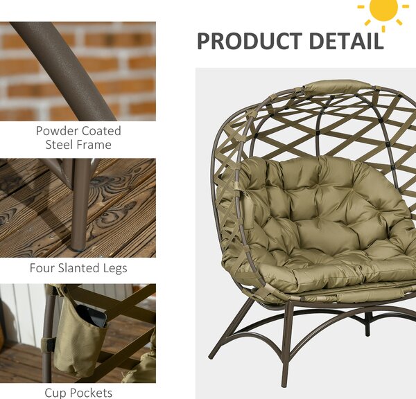 Outsunny 2 Seater Egg Chair Outdoor, Folding Weave Garden Furniture Chair with Cushion, Cup Pockets - Khaki