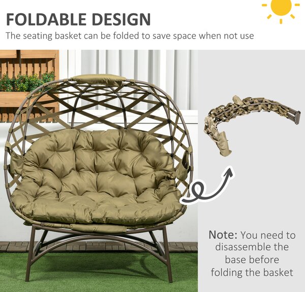 Outsunny 2 Seater Egg Chair Outdoor, Folding Weave Garden Furniture Chair with Cushion, Cup Pockets - Khaki