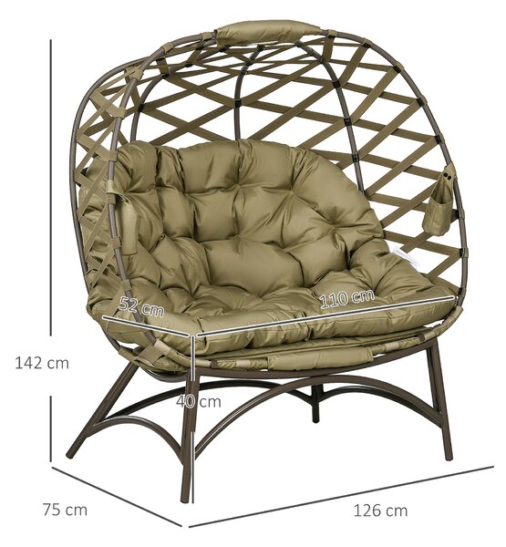 Outsunny 2 Seater Egg Chair Outdoor, Folding Weave Garden Furniture Chair with Cushion, Cup Pockets - Khaki