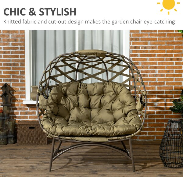 Outsunny 2 Seater Egg Chair Outdoor, Folding Weave Garden Furniture Chair with Cushion, Cup Pockets - Khaki