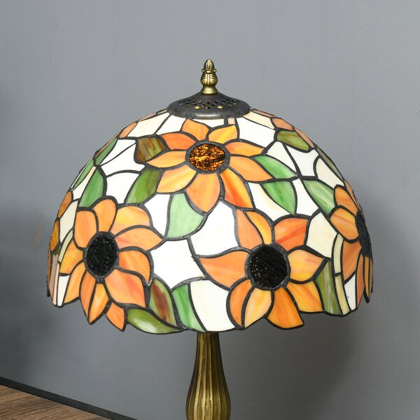 HOMCOM Stained Glass Bedroom Table Lamp, Handmade Antique Bedside Light for Bedroom, Living Room, Decorative Night Light, Orange Sunflower Aosom UK