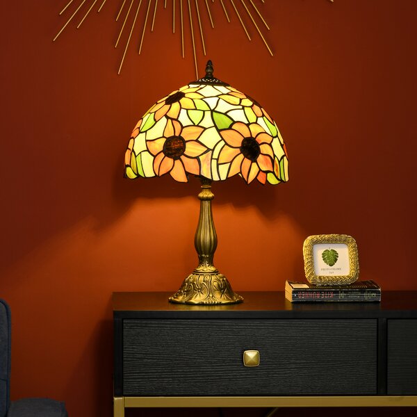 HOMCOM Stained Glass Bedroom Table Lamp, Handmade Antique Bedside Light for Bedroom, Living Room, Decorative Night Light, Orange Sunflower Aosom UK
