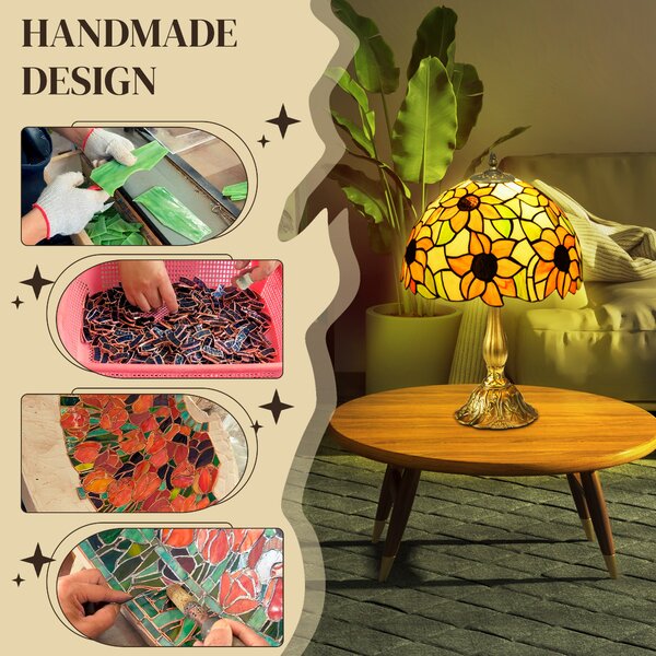 HOMCOM Stained Glass Bedroom Table Lamp, Handmade Antique Bedside Light for Bedroom, Living Room, Decorative Night Light, Orange Sunflower Aosom UK