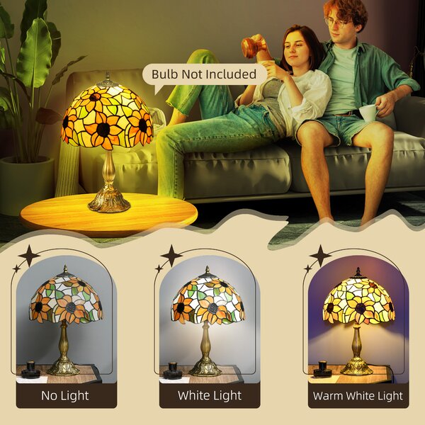 HOMCOM Stained Glass Bedroom Table Lamp, Handmade Antique Bedside Light for Bedroom, Living Room, Decorative Night Light, Orange Sunflower Aosom UK