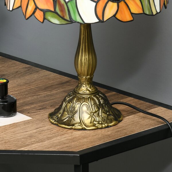 HOMCOM Stained Glass Bedroom Table Lamp, Handmade Antique Bedside Light for Bedroom, Living Room, Decorative Night Light, Orange Sunflower Aosom UK