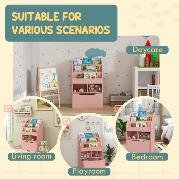 HOMCOM Kids Bookshelf, Toy Organiser, with Storage Drawer, Wheels - Pink Aosom UK