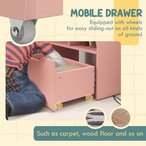 HOMCOM Kids Bookshelf, Toy Organiser, with Storage Drawer, Wheels - Pink Aosom UK