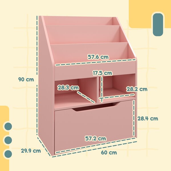 HOMCOM Kids Bookshelf, Toy Organiser, with Storage Drawer, Wheels - Pink Aosom UK