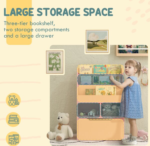 HOMCOM Kids Bookshelf, Toy Organiser, with Storage Drawer, Wheels - Pink Aosom UK