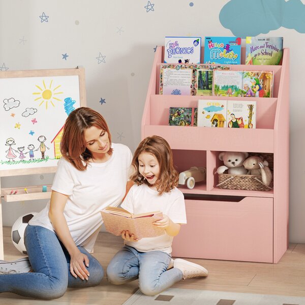 HOMCOM Kids Bookshelf, Toy Organiser, with Storage Drawer, Wheels - Pink Aosom UK
