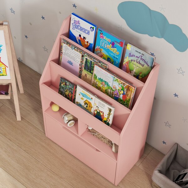 HOMCOM Kids Bookshelf, Toy Organiser, with Storage Drawer, Wheels - Pink Aosom UK