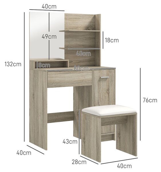 HOMCOM Dressing Table and Stool Set, with Storage - Natural Wood Finish