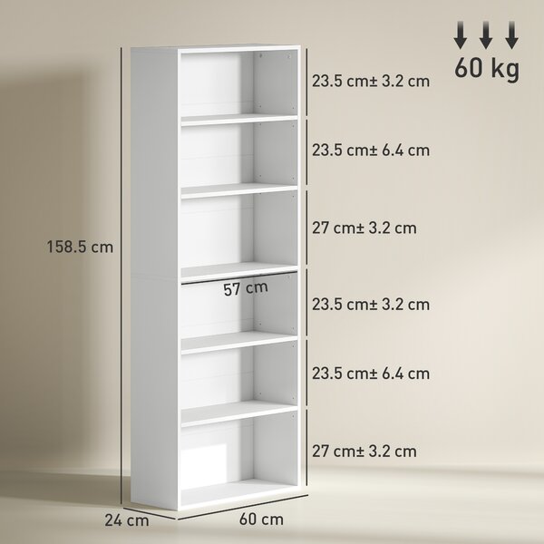 HOMCOM Six Shelf Bookcase - White