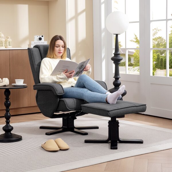 HOMCOM Rocker Swivel Recliner Chair with Footstool & Scratch-Resistant Treatment Charcoal Grey Linen Aosom UK