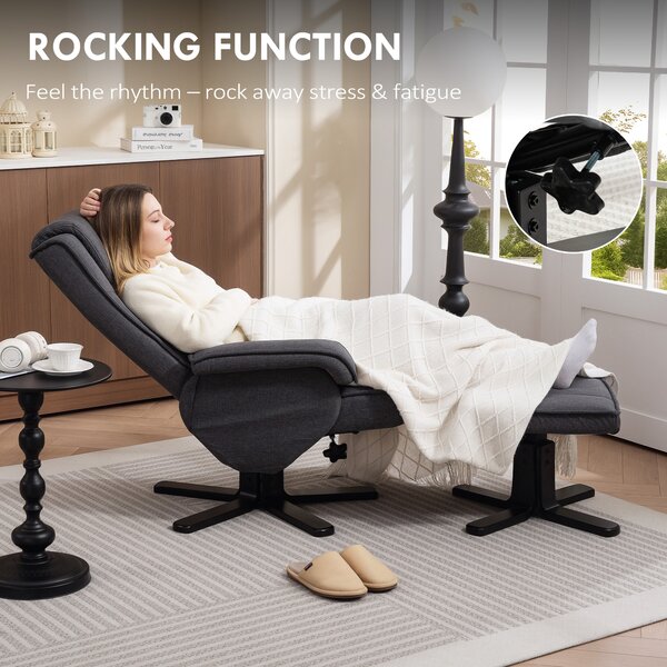 HOMCOM Rocker Swivel Recliner Chair with Footstool & Scratch-Resistant Treatment Charcoal Grey Linen Aosom UK