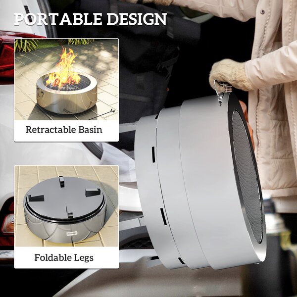 Outsunny Stainless Steel Wood-burning Fire Pit with Fire Poker - Silver