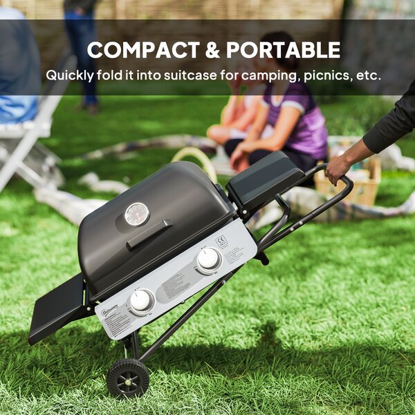 Outsunny 2 Burner Portable Gas BBQ with Trolley, Small Gas BBQ with Stainless Steel Frame, Thermometer, Lid, Black Aosom UK