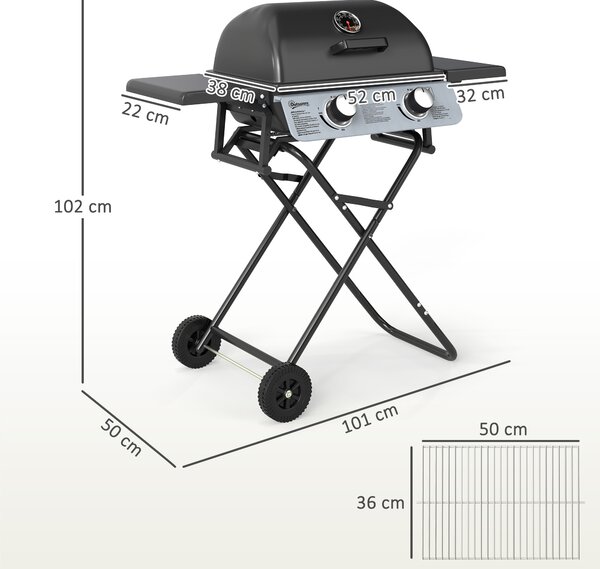 Outsunny 2 Burner Portable Gas BBQ with Trolley, Small Gas BBQ with Stainless Steel Frame, Thermometer, Lid, Black Aosom UK