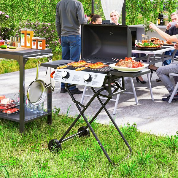 Outsunny 2 Burner Portable Gas BBQ with Trolley, Small Gas BBQ with Stainless Steel Frame, Thermometer, Lid, Black Aosom UK