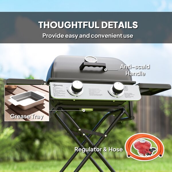 Outsunny 2 Burner Portable Gas BBQ with Trolley, Small Gas BBQ with Stainless Steel Frame, Thermometer, Lid, Black Aosom UK