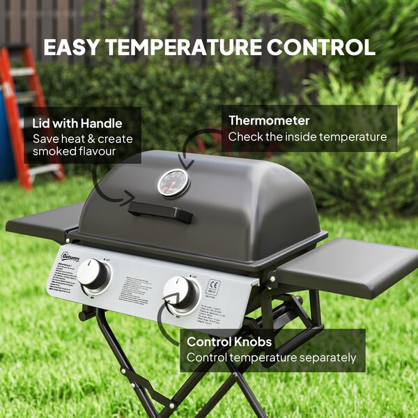 Outsunny 2 Burner Portable Gas BBQ with Trolley, Small Gas BBQ with Stainless Steel Frame, Thermometer, Lid, Black Aosom UK