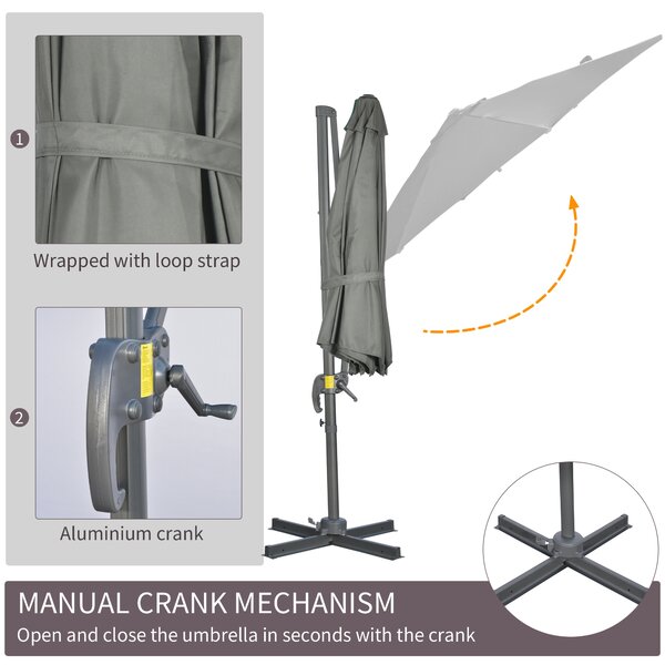 Outsunny Cantilever Parasol: 3x3m with Cross Base, 360° Rotation, Crank Handle & Tilt Function, Grey Aosom UK