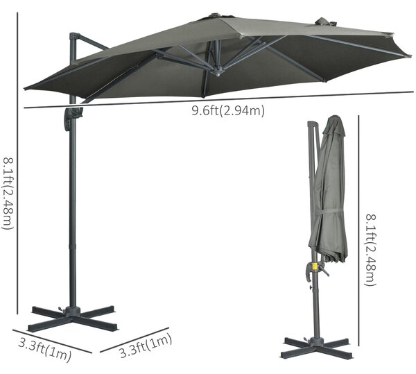 Outsunny Cantilever Parasol: 3x3m with Cross Base, 360° Rotation, Crank Handle & Tilt Function, Grey Aosom UK