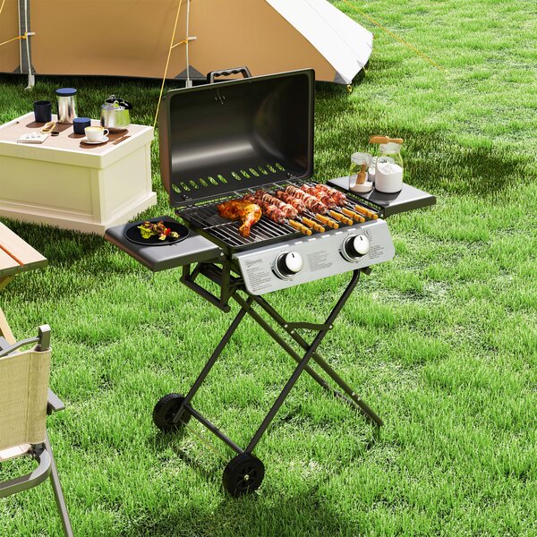 Outsunny 2 Burner Portable Gas BBQ with Trolley, Small Gas BBQ with Stainless Steel Frame, Thermometer, Lid, Black Aosom UK