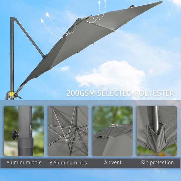 Outsunny Cantilever Parasol: 3x3m with Cross Base, 360° Rotation, Crank Handle & Tilt Function, Grey Aosom UK