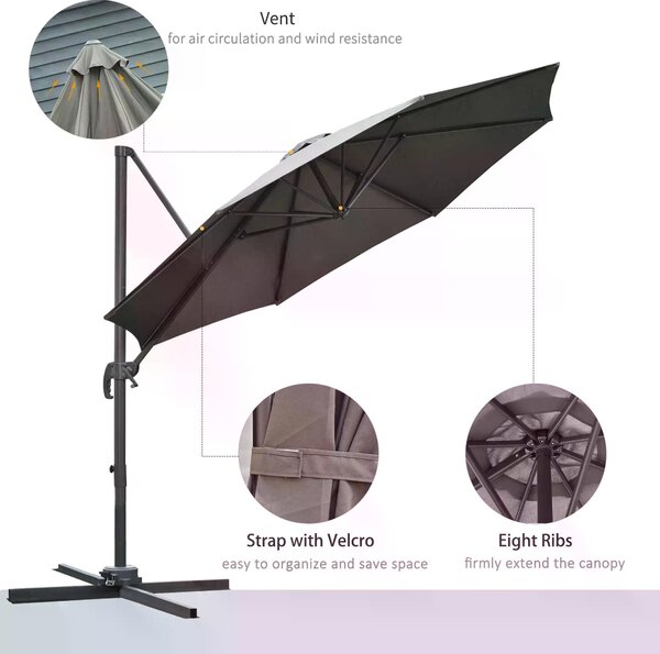 Outsunny Waterproof 3(m) Patio Offset Parasol Roma Umbrella Cantilever Hanging Sun Shade Canopy Shelter 360° Rotation w/ Cross Base Aosom UK