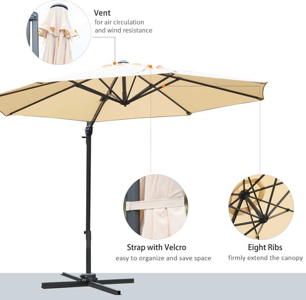 Outsunny 3(m) Patio Offset Parasol Roma Umbrella Cantilever Hanging Sun Shade Canopy Shelter 360° Rotation with Cross Base - Beige Aosom UK