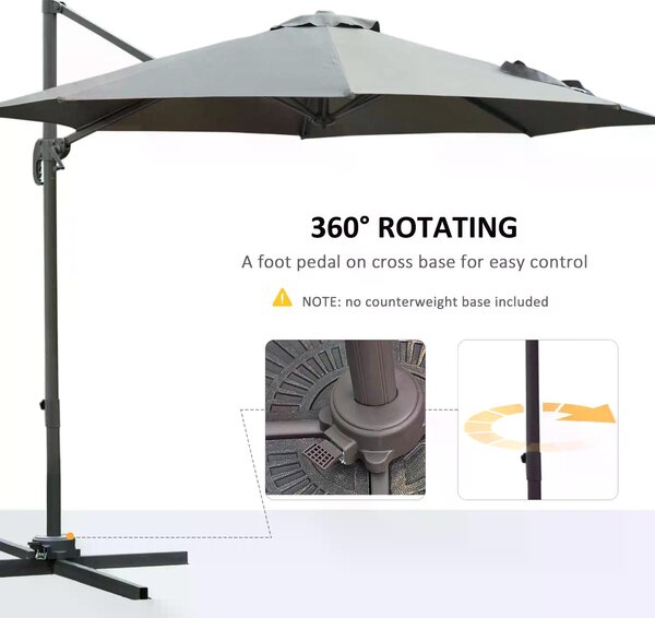 Outsunny Waterproof 3(m) Patio Offset Parasol Roma Umbrella Cantilever Hanging Sun Shade Canopy Shelter 360° Rotation w/ Cross Base Aosom UK