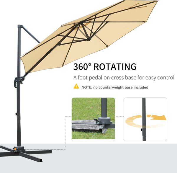 Outsunny 3(m) Patio Offset Parasol Roma Umbrella Cantilever Hanging Sun Shade Canopy Shelter 360° Rotation with Cross Base - Beige Aosom UK