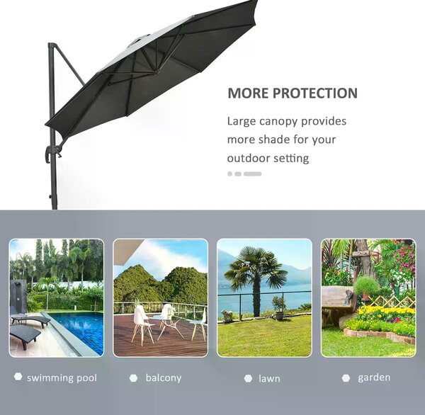 Outsunny Waterproof 3(m) Patio Offset Parasol Roma Umbrella Cantilever Hanging Sun Shade Canopy Shelter 360° Rotation w/ Cross Base Aosom UK