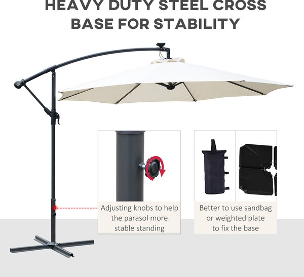 Outsunny 3(m) LED Cantilever Parasol Banana Garden Umbrella with Solar Lights, Crank Handle and Cross Base, Hanging Sun Shade, Off-White