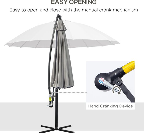 Outsunny 3(m) Cantilever Garden Hanging Banana Sun Umbrella with Crank Handle, 18 Sturdy Ribs and Cross Base, Grey