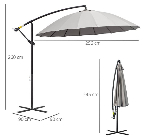 Outsunny 3(m) Cantilever Garden Hanging Banana Sun Umbrella with Crank Handle, 18 Sturdy Ribs and Cross Base, Grey