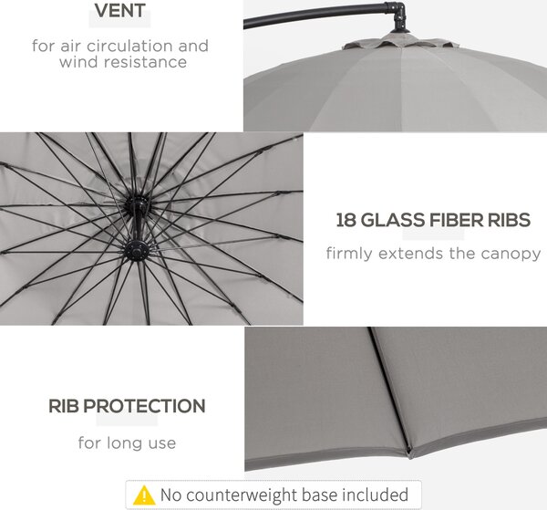 Outsunny 3(m) Cantilever Garden Hanging Banana Sun Umbrella with Crank Handle, 18 Sturdy Ribs and Cross Base, Grey