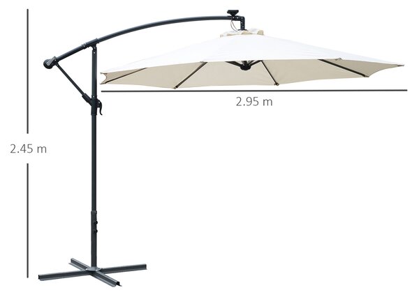 Outsunny 3(m) LED Cantilever Parasol Banana Garden Umbrella with Solar Lights, Crank Handle and Cross Base, Hanging Sun Shade, Off-White