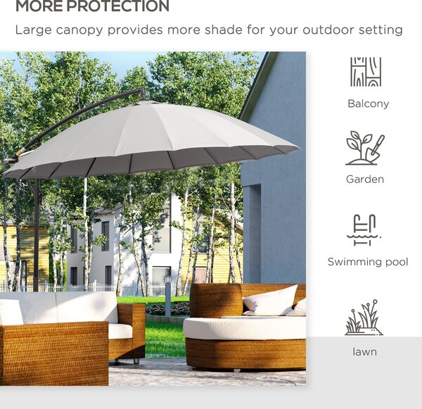 Outsunny 3(m) Cantilever Garden Hanging Banana Sun Umbrella with Crank Handle, 18 Sturdy Ribs and Cross Base, Grey