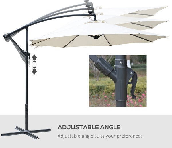 Outsunny 3(m) LED Cantilever Parasol Banana Garden Umbrella with Solar Lights, Crank Handle and Cross Base, Hanging Sun Shade, Off-White