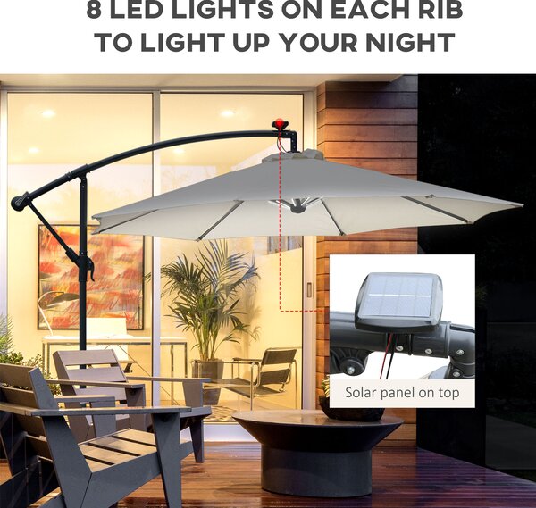 Outsunny 3(m) LED Cantilever Parasol Banana Garden Umbrella with Solar Lights, Crank Handle and Cross Base, Hanging Sun Shade, Off-White