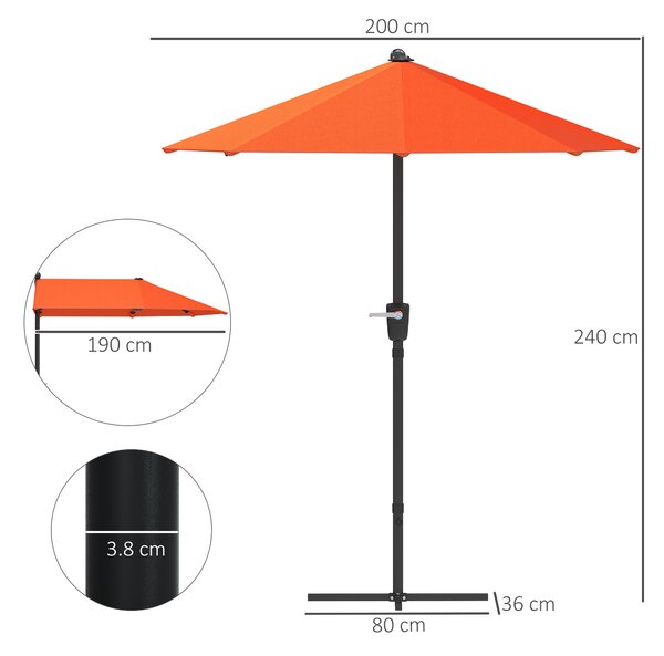 Outsunny 2m Half Parasol Market Umbrella Garden Balcony Parasol with Crank Handle, Cross Base, Double-Sided Canopy, Orange