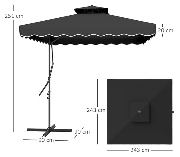 Outsunny 2.5m Cantilever Parasol with Easy Lever, Square Double Top Garden Parasol Umbrella with Ruffles and Cross Base, Overhanging Outdoor Sun Shades, Black