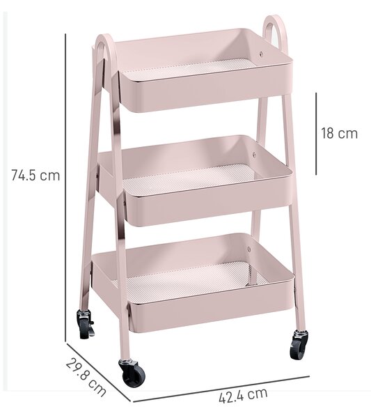 HOMCOM Three-Tier Storage Trolley - Pink