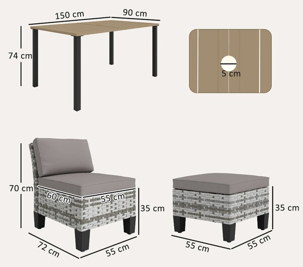 Outsunny 7-Piece Rattan Garden Dining Set, 6 Seater Wicker Garden Furniture Set with Seat and Back Cushions, Umbrella Hole, Patio Table and Chairs with Slatted Metal Top Table for Balcony, Grey