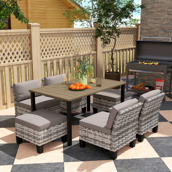 Outsunny 7-Piece Rattan Garden Dining Set, 6 Seater Wicker Garden Furniture Set with Seat and Back Cushions, Umbrella Hole, Patio Table and Chairs with Slatted Metal Top Table for Balcony, Grey