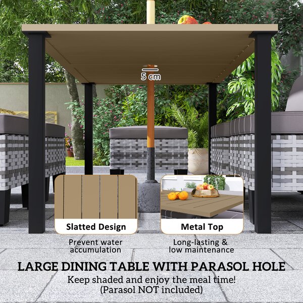 Outsunny 7-Piece Rattan Garden Dining Set, 6 Seater Wicker Garden Furniture Set with Seat and Back Cushions, Umbrella Hole, Patio Table and Chairs with Slatted Metal Top Table for Balcony, Grey