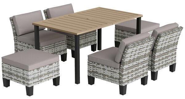 Outsunny 7-Piece Rattan Garden Dining Set, 6 Seater Wicker Garden Furniture Set with Seat and Back Cushions, Umbrella Hole, Patio Table and Chairs with Slatted Metal Top Table for Balcony, Grey