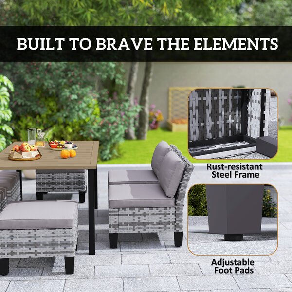 Outsunny 7-Piece Rattan Garden Dining Set, 6 Seater Wicker Garden Furniture Set with Seat and Back Cushions, Umbrella Hole, Patio Table and Chairs with Slatted Metal Top Table for Balcony, Grey